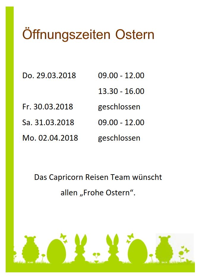 Offnungszeiten Ostern News Capricorn Reisen